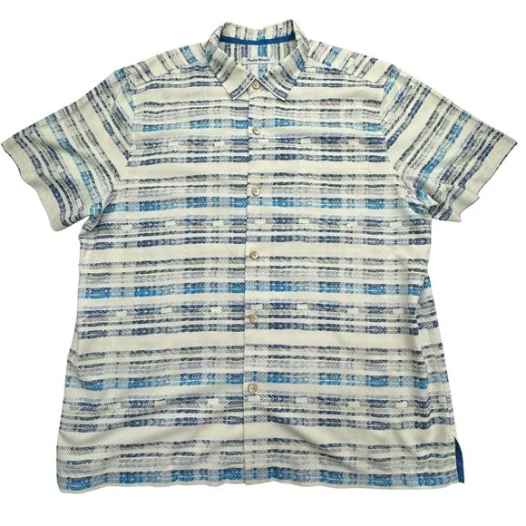 Tommy Bahama Camp Shirt Mens XL Beige Blue Silk Striped Short Sleeve Button Down - Picture 1 of 6
